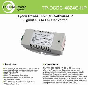 Tycon (TP-DCDC-4824G-HP) Gigabit 36-72VDC In, 24VDC Passive PoE Out 30W DC to DC