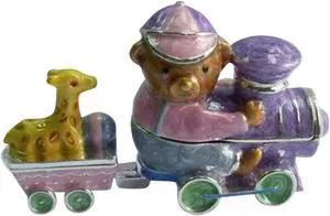 Pewter Baby Bear Train Engineer with Giraffe Car Trinket Box Set of 2