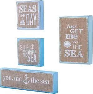 Mud Pie Blue Sea Wooden Block Plaques Set of 4 Natural Burlap Tier Tray Tabletop