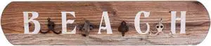 Beach Sign Quad Hooks Wood Wall Plaque 27.75 Inches
