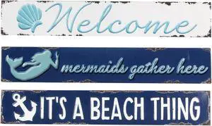 Welcome Mermaids Gather Here A Beach Thing Wall Signs Set of 3 Embossed Metal