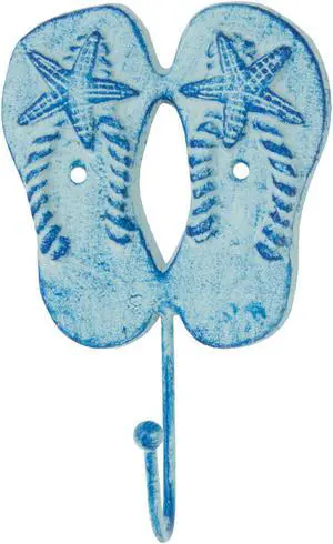 Flip Flops with Starfish Single Wall Hook Blue Cast Iron