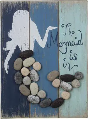 The Mermaid Is In Wood and Pebble Stones Wall Sign 9 Inches