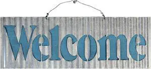Wavy Waffle Tin with Blue Burlap Welcome Sign 19 Inch Wall Decor