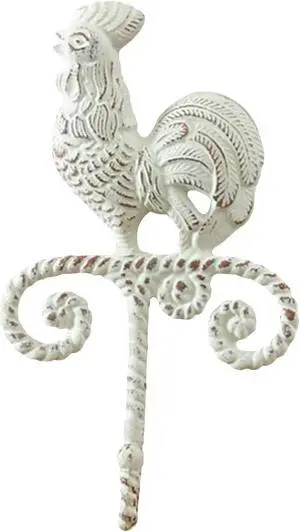 Rooster 10 Inch Metal Wall Hook Antiqued White Distressed Rustic
