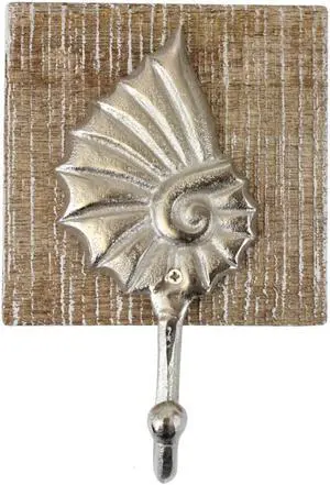 Beachcombers Seashell Single Wall Hook Wood and Metal 7 Inches