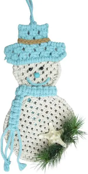 Coastal Macrame Jolly Snowman Holiday Door or Wall Hanger 13 Inches