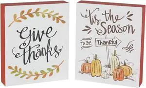 Give Thanks Tis Season to be Be Thankful Fall Chunky Shelf Sitters Set of 2 Wood