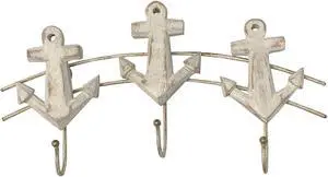 Ships Anchors Carved Wood Triple Single Hooks Painted Whitewash Finish 11 Inches
