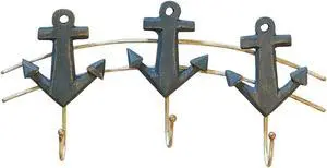 Ship Anchors Triple Single Wall Hooks Wood Painted Blue 11 Inches