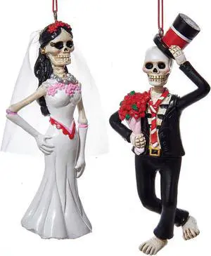 Day of the Dead Skull Bride and Groom Christmas Holiday Ornaments Set of 2