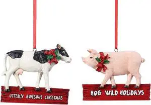 Cow Utterly Awesome Christmas Pig Hog Wild Holidays Ornaments Set of 2 Resin