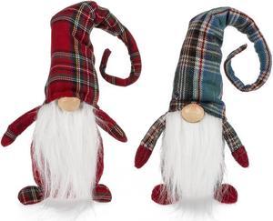 Holiday Gnomes in Red and Green Plaid Hats Tabletop Figurines Set of 2