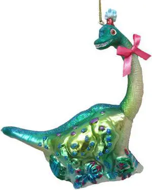 Dinosaur with Pink Bow Christmas Holiday Ornament Glass