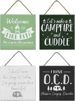 Firepit Camp Fire and Cuddle Camper Wall Signs Set of 4 Painted Wood