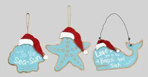 Starfish Whale Seashell in Santa Hats Christmas Holiday Ornaments Set of 3 Wood