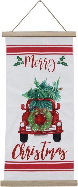 Merry Christmas Red Pickup Truck Wall or Door Sign Canvas and Wood
