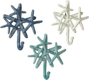 Starfish Cluster Single Wall Hooks Set of 3 Cast Iron Blue White Teal