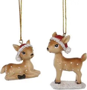 Baby Deer in Santa Hats Christmas Holiday Ornaments Set of 2 Resin