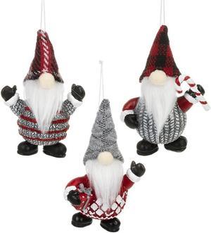 Merry Gnomes With Candy Cane and Gift Christmas Holiday Ornaments Set of 3