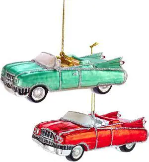 Green and Red Retro 60s Inspired Cars Christmas Holiday Ornaments Set of 2