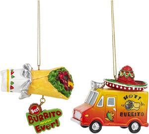 Fiesta Burrito Food Truck and Burrito Christmas Holiday Ornaments Set of 2