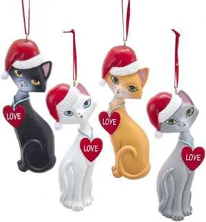Love Kitty Cats in Santa Hats Christmas Holiday Ornaments Set of 4