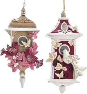 Pink and Burgandy Birdhouses Christmas Holiday Ornaments Set of 2