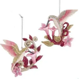 Glittery Silver Gold and Pink Hummingbirds on Flowers Retro Inspired Set of 2
