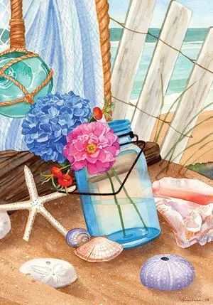 Beach Treasures Glass Buoy Starfish Shells 12 X 18 Inch Garden Flag Custom Decor