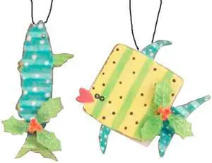 Barracuda and Whale Metal Fish Yellow and Teal Blue Holiday Ornaments