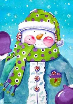 Cheerful Snowman Whimsical Polka Dotted Scarf and Mittens Garden Flag Banner