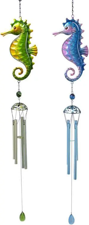 Blue and Green Seahorses Wind Chimes Set of 2 Metal and Glass