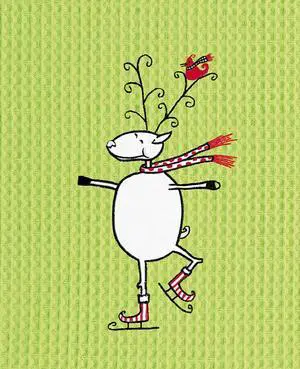 Reindeer in Ice Skates on Lime Green Waffle Weave 27 Inch Kitchen Dish Towel