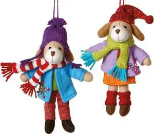 Boy and Girl Family Pet Dogs in Winter Coats Christmas Ornaments Set of 2