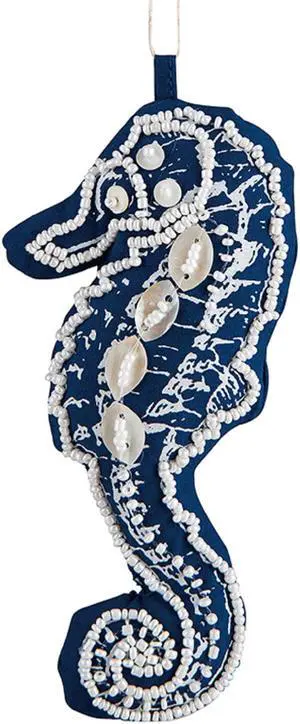 Coastal Blue Beaded Seahorse 5.5 Inch Fabric Christmas Holiday Ornament