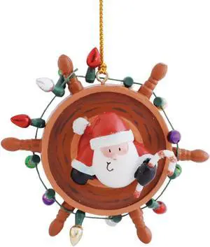 Santa Decorating Ships Wheel Nautical Holiday Ornament Resin