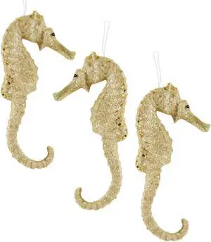Coastal Champagne Gold Glittery Seahorses Beachy Christmas Ornaments Set of 3