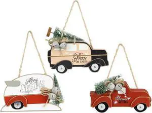 Woody Car Camper and Truck Christmas Holiday Ornaments Set of 3 Wood
