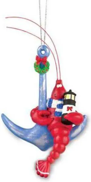 Cape Shore Coastal Red Lobster on Anchor Christmas Holiday Ornament Resin