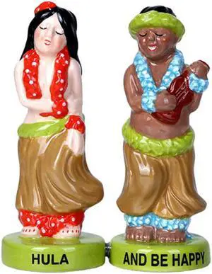 Hawaiian Hula Dancer Ukulele Musician Ceramic Magnetic Salt Pepper Shaker Set