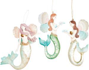 Mermaid Angels Christmas Holiday Ornaments Set of 3 Capiz Shells
