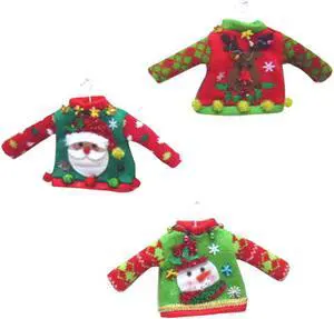 December Diamonds Tacky Sweaters Santa Snowman Reindeer Set of 3 Ornaments