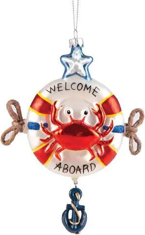 Red Crab Welcome Aboard Christmas Holiday Ornament 6 Inches Glass