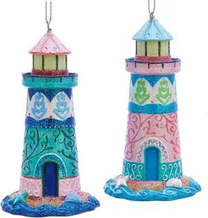 Pink and Blue Ocean Fantasy Lighthouses Christmas Holiday Ornaments Set of 2