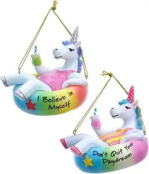 Unicorns Believe Daydream Pool Floatie Christmas Holiday Ornaments Set of 2