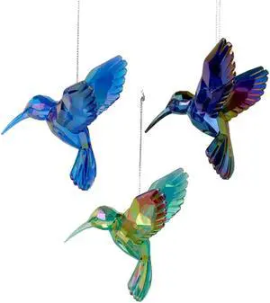 Acrylic Green Blue and Purple Hummingbirds Holiday Ornaments Set of 3