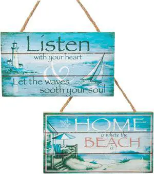 Lighthouse Sailboat Beach Plaques Holiday Ornaments Set of 2 Wood 4.75 Inches