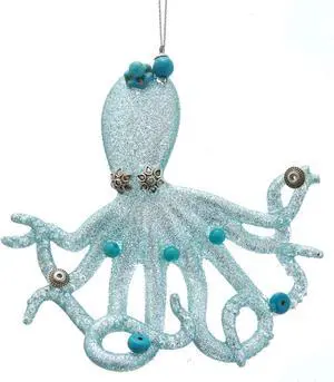 Blue Octopus with Glitter Silver Beads Christmas Holiday Ornament 4.25 Inches