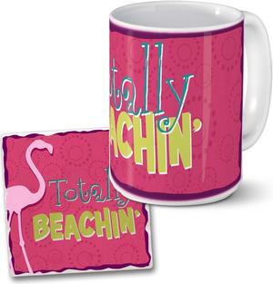 Totally Beachin Pink Flamingo 15 Oz Ceramic Coffee Mug Matching Coaster Gift Set